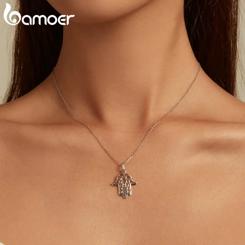 Bamoer 925 Sterling Silver Guardian Fatima's Hand Pendant Necklace Flower Pattern Neck Chian for Women Platinum Plated SCN490 image 3