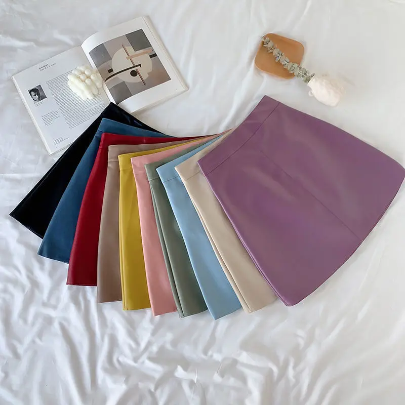Solid Zipper Wrap Hip Leather Skirt Autumn Winter New Korean High Waist Mini Skirt Female Chic Sexy Club A-line Pu Skirts Women