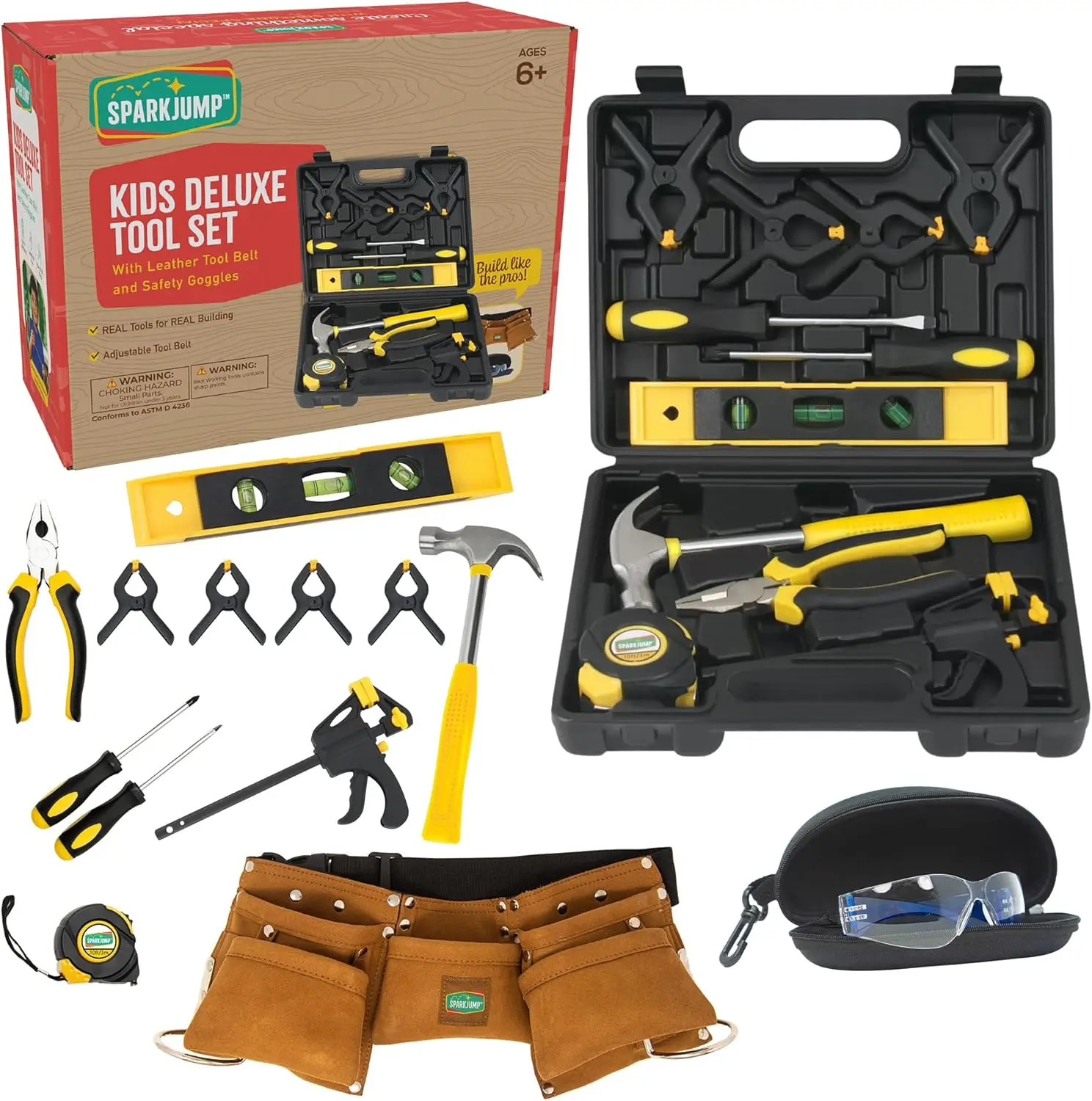

Deluxe Kids Tool Set with Leather Belt & Box, Beginner Kit for Boys & Girls Ages 4-6+, Brown Ultimate Tools