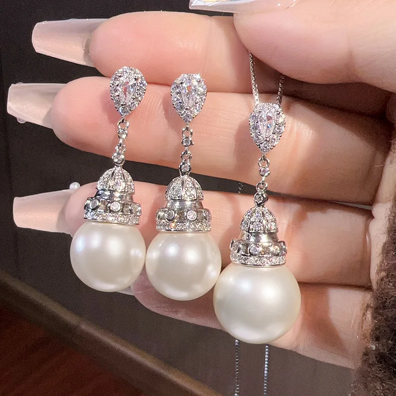 

Jewelry set gold-plated copper base, inlaid with white pearls and elegant tassels for women, 16-14mm