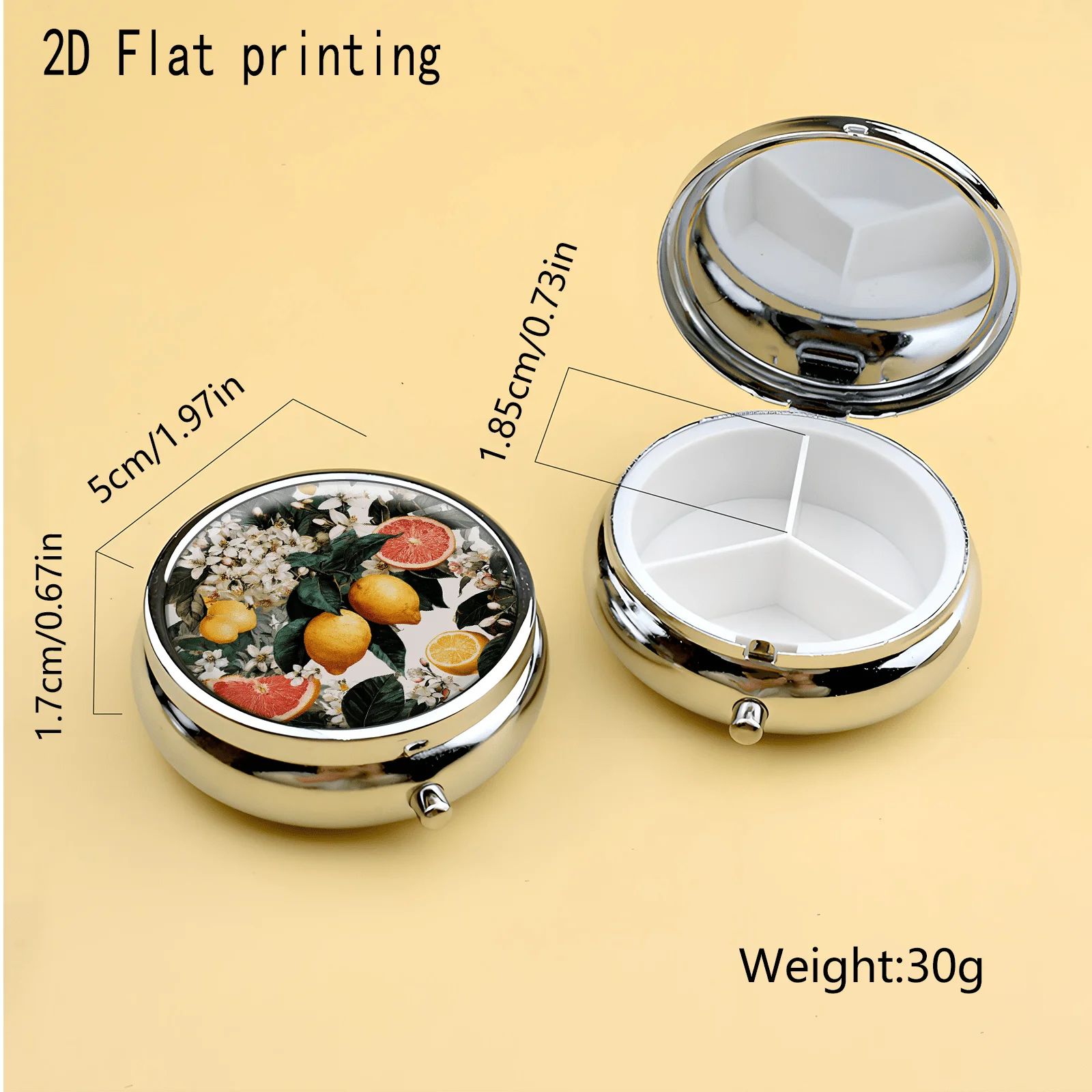 Retro Oil Painting Style Lemon, Grapefruit, Flower, Fruit, and Plant Motifs, Round Three-Compartment Small Medicine Box, Portable Medicine Storage, Small Jewelry Storage, Suitable for Handbags or Travel, Holiday Gifts, Souvenirs, Prizes, Small Gifts, Suitable for Personal Use or as an Exquisite Gift Option
