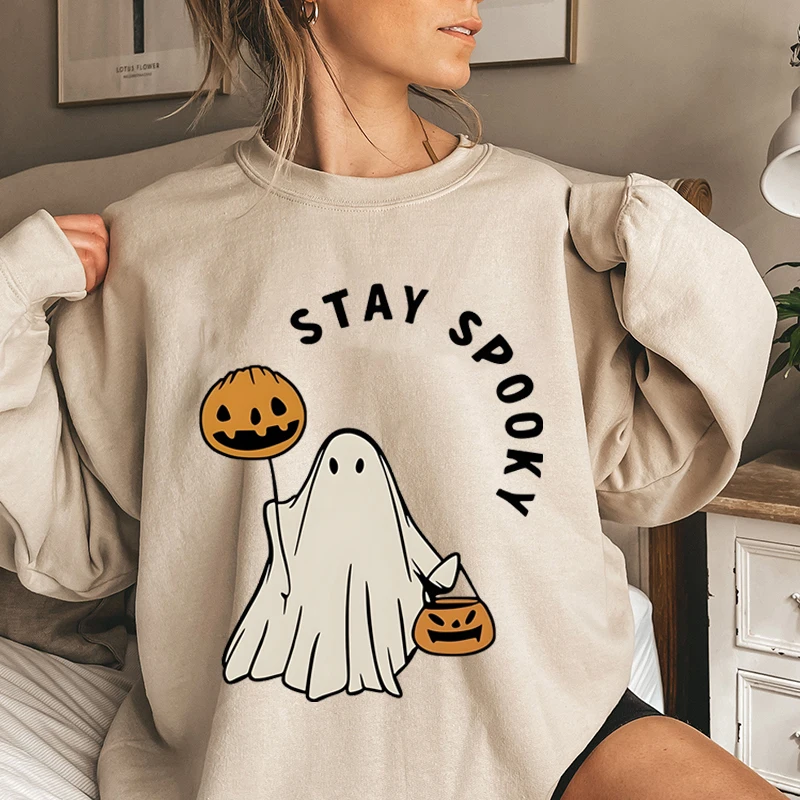 Sudadera con estampado de calabaza y fantasma para mujer, jersey de manga larga con cuello redondo, ropa de talla grande para Halloween