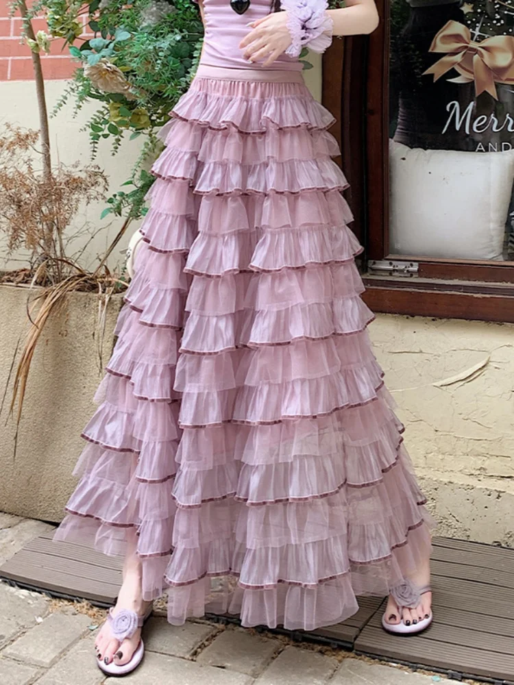

SMTHMA Splicing Mesh Ruffle Cake Skirt Women's New Summer Slimming Long Skirt Ladies Elastic High Waist Umbrella Skirt