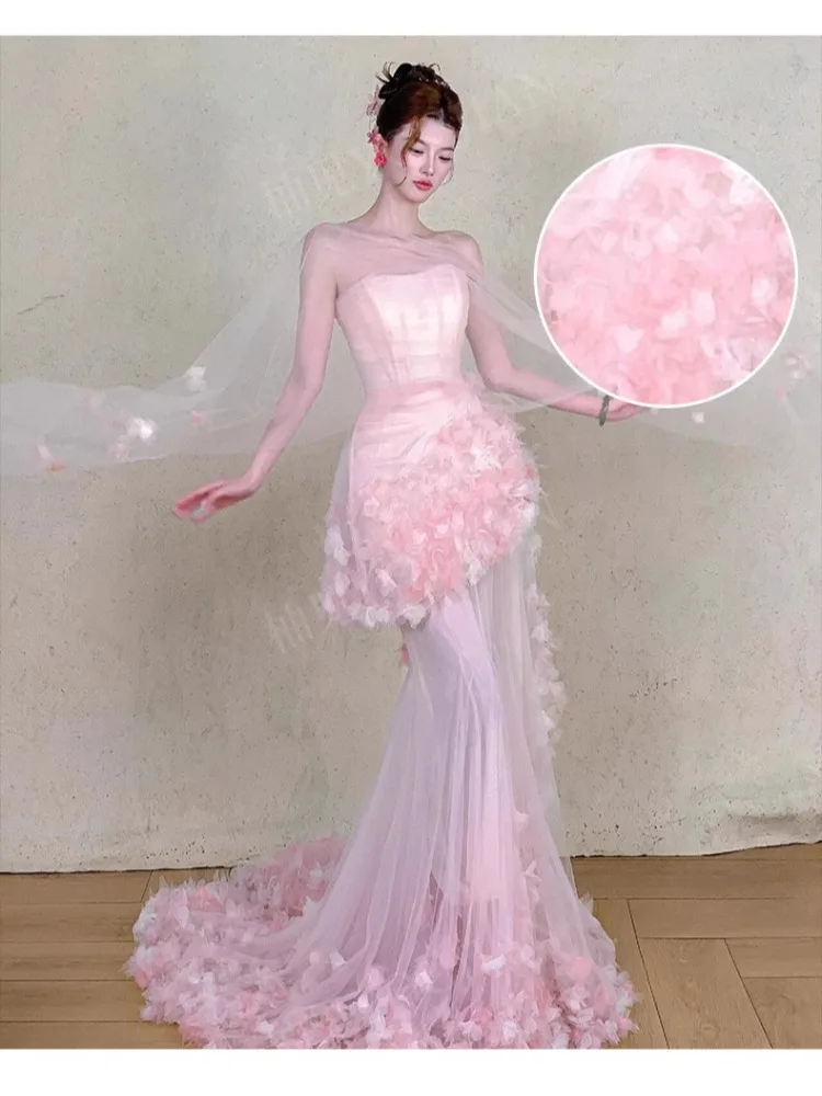 Розовые длинные свадебные платья по индивидуальному заказу, женские тюлевые цветы без бретелек со складками, Русалка, вечерние платья для выпускного вечера, танцевальные свадебные вечерние платья