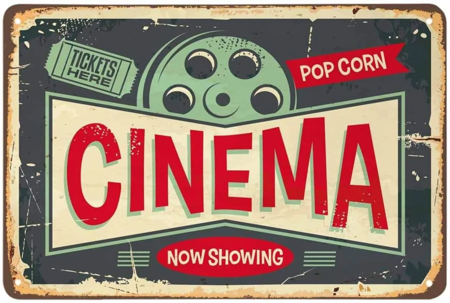 Cinema Tin Sign,Tickets Here Pop Corn and Movie Now Showing Vintage Metal Tin Signs Cafes Bars Pubs Wall Decor Funny Retro Signs