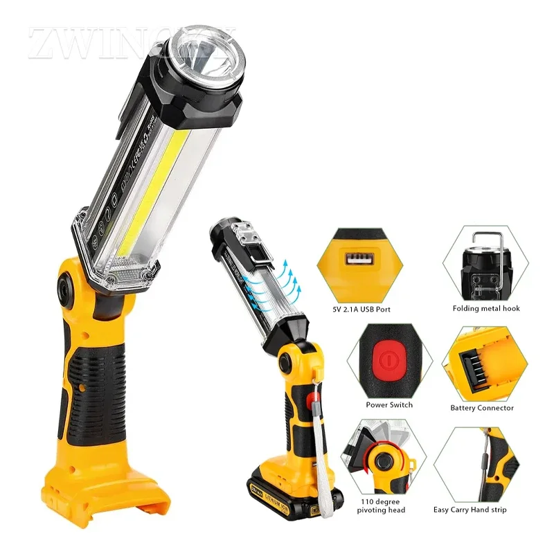 2000LM Cordless LED Work Light for Dewalt 14.4V 18V 20V Li-ion Battery Outdoor Flashlight with Hook Portable Camping Lanterns