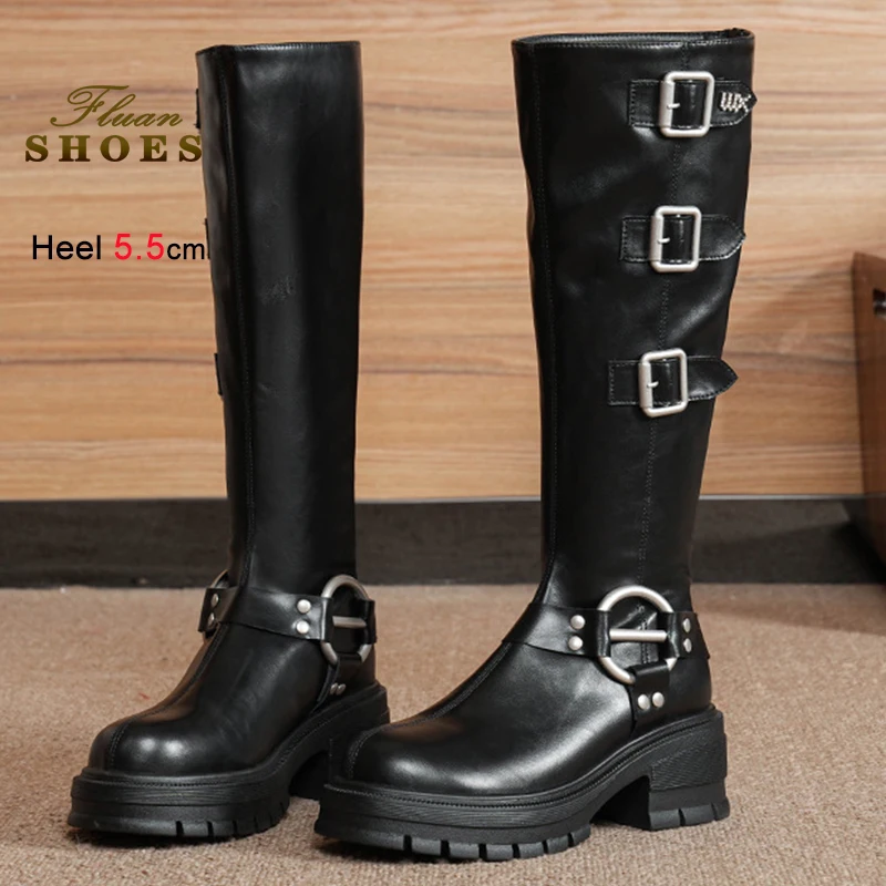 

Новые модные коричневые женские рыцарские сапоги до колена с круглой головкой и пряжкой на ремне, женские сапоги на платформе 5,5 см на толстой подошве