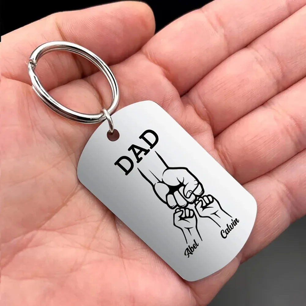 Personalized Dad Keychain Customized Carving of Dad and Child's Names Stainless Steel Keychain with Multiple Names Gift for D