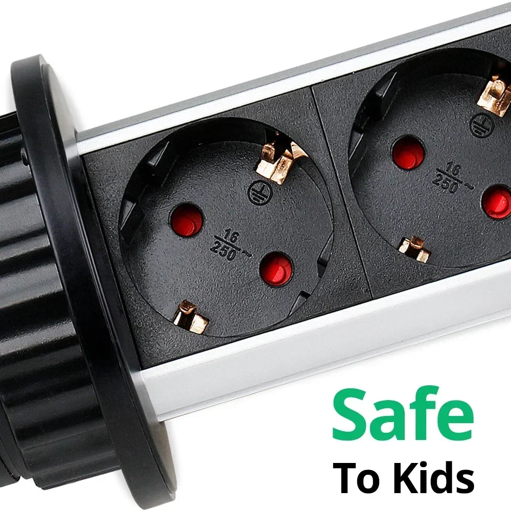 Retractable Wallpad Pop Up Desktop Socket 3 Outlets 2.4A USB Ports 2M Extension Plug Aluminum Body For Kitchen Table