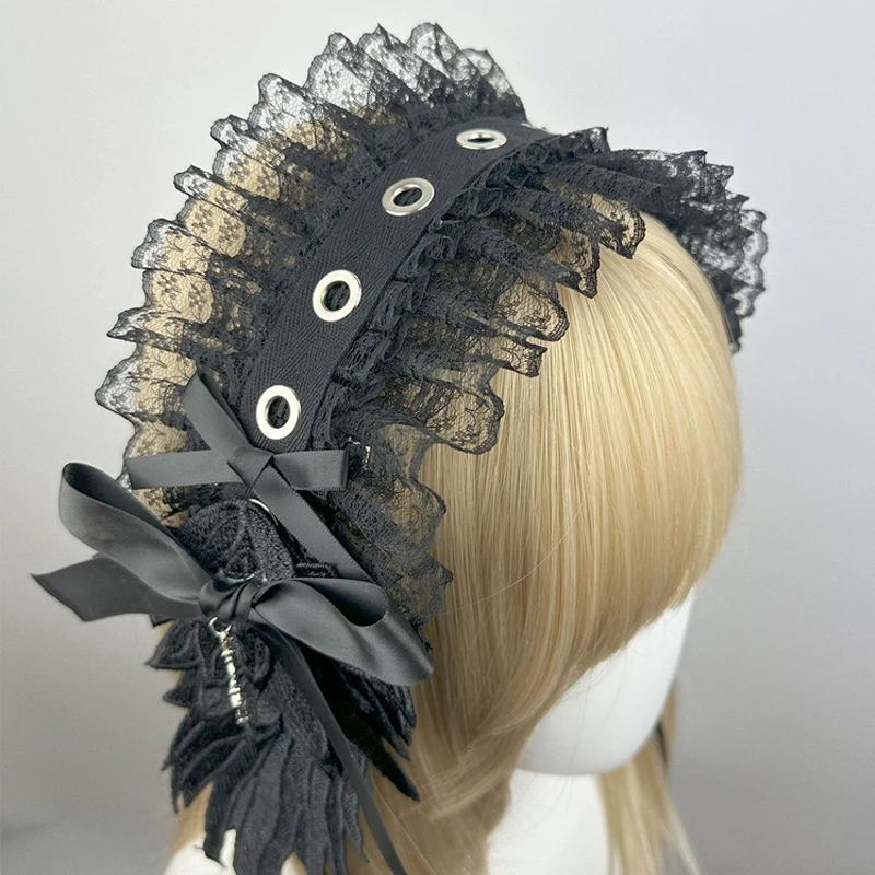 

Gothic Angel Wings Headband Lolita Cosplay Wide Lace Ruffle Headwear New White Black Lace Flounce Fold Bowknot Hair Accessories