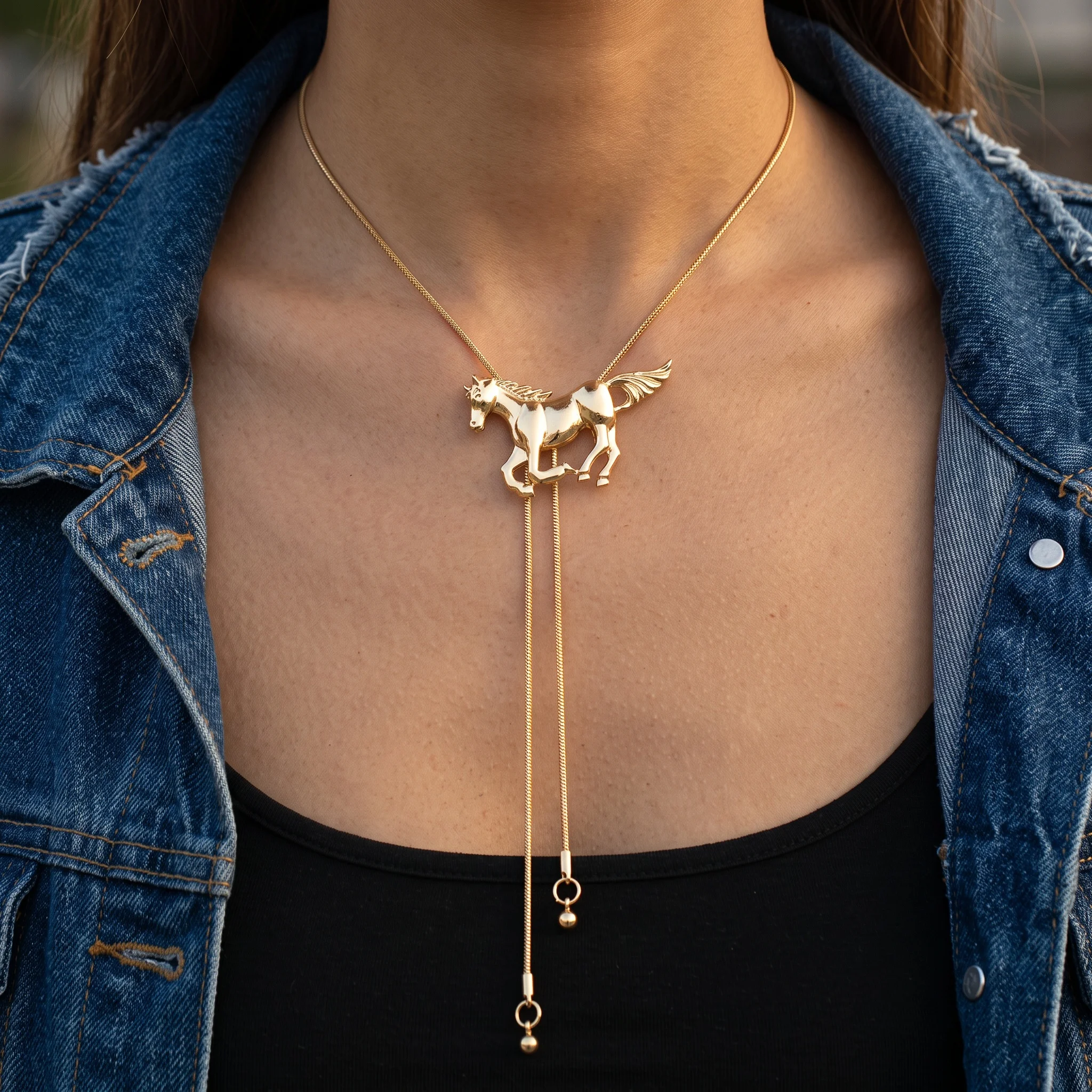 Running Horse Lariat Chain Pendant Y‑Sliding Necklace Bohemian Statement Long Sweater Chain Jewelry For Women Party Daily Wear
