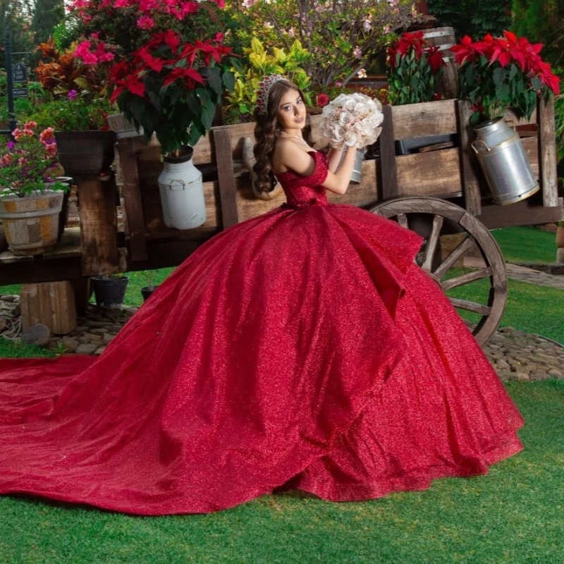 Rouge brillant Quinceanera robes hors de l'épaule Applique fleur perles princesse luxe doux 16 robe vestidos 15 de xv anos