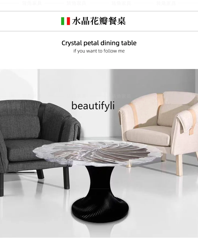 Crystal round Flowers Dining Table Light Luxury Transparent Resin Art Fiberglass round Table Tea Table