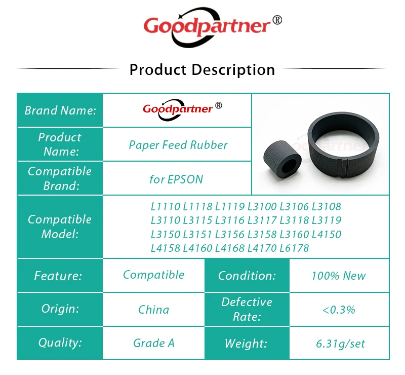 10x almofada de separação de rolo de alimentação de captação de borracha para epson l3110 l3150 l4150 l4160 l3156 l3151 l1110 l3158 l3160 l4158