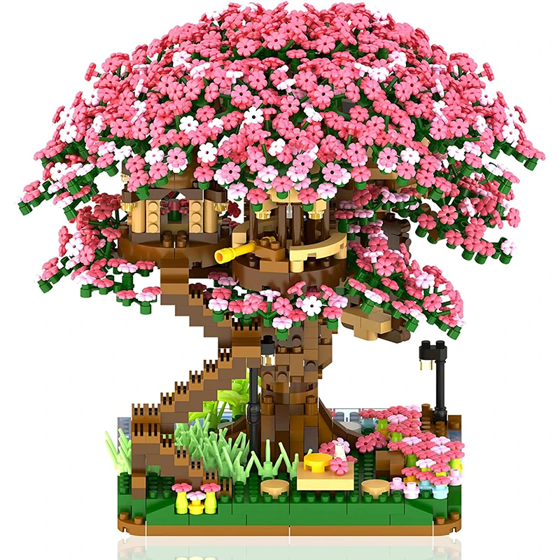 Juego de bloques de construcción de árbol bonsái de cerezo, ladrillos de plantas de flor de Sakura DIY con modelo de casa de árbol ligera, regalo romántico para novia