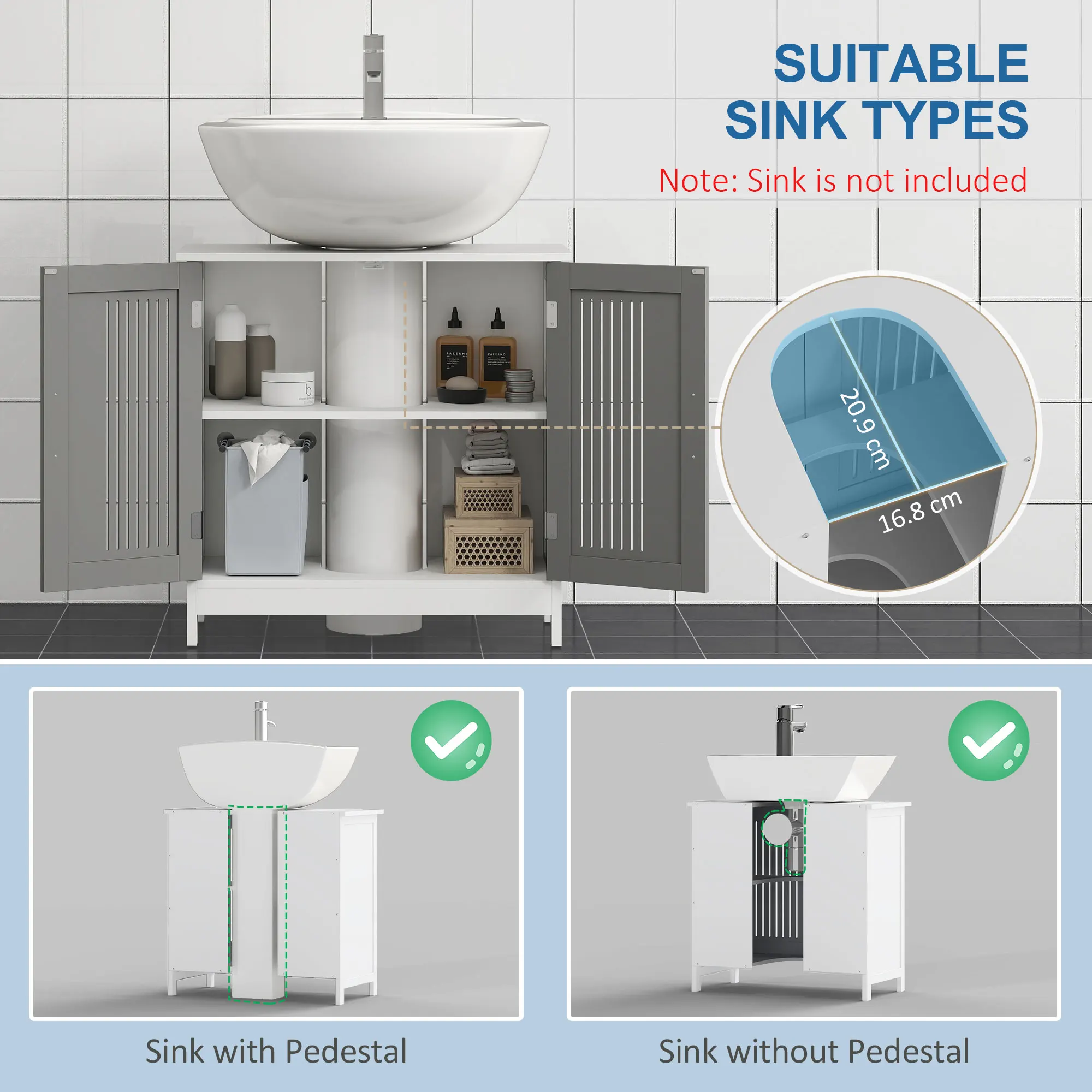kleankin Bathroom Pedestal Under Sink Cabinet with Storage Shelf, 2 Doors, Grey