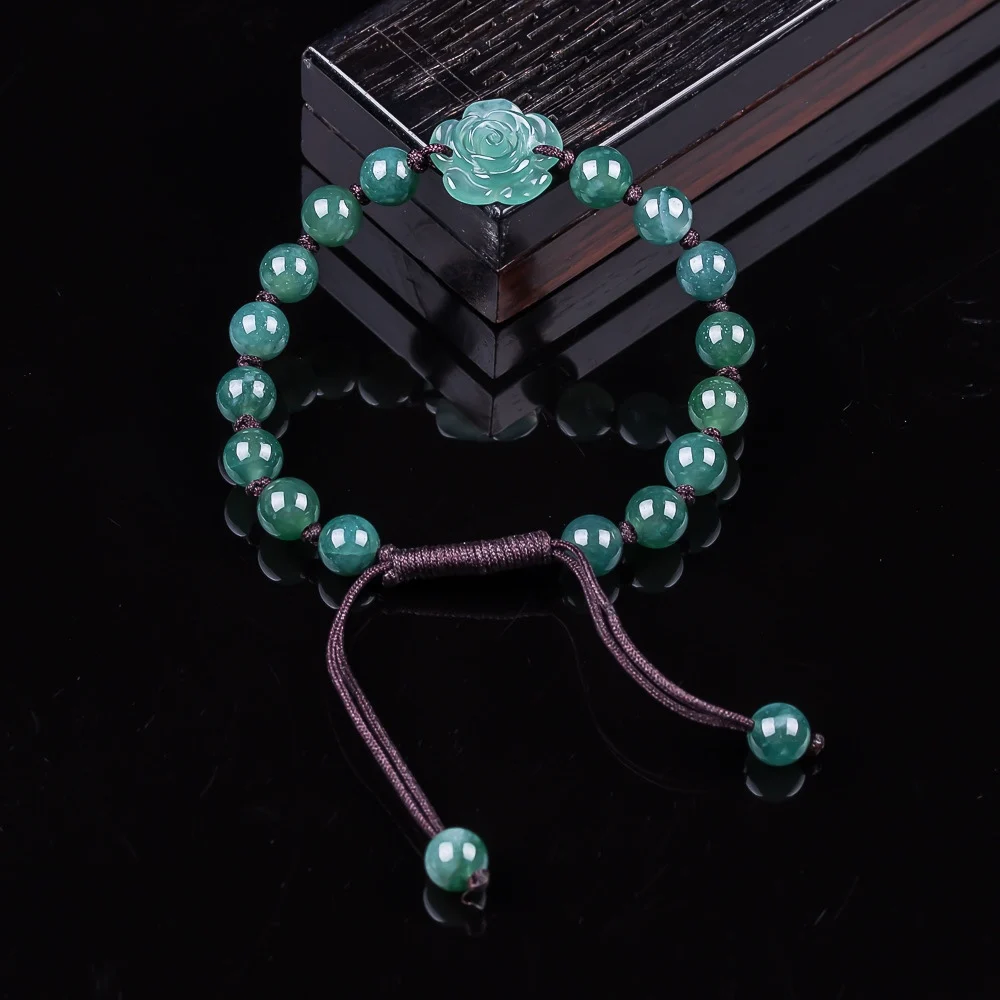 Real Natural Blue Water Jade Rose DIY Bracelet Handstring Carved Charm Jadeite Jewelry Fashion Amulet Gifts for Men Women