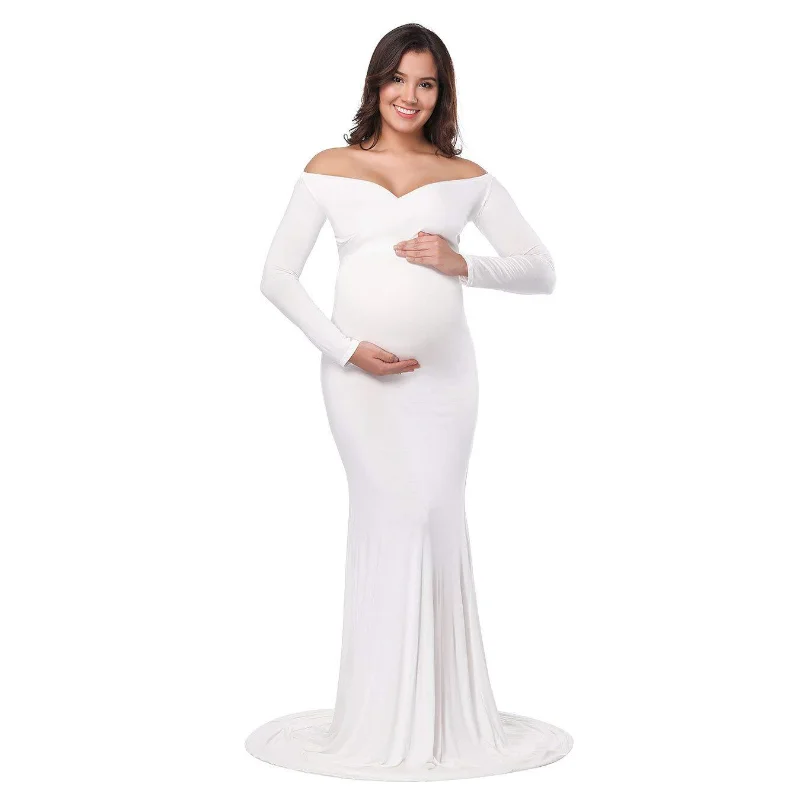 Maternity Elegant Fitted Gown pregnant photo shoot clothing Long Sleeve V Neck Ruched Slim Fit Maxi pregnant Long Dress