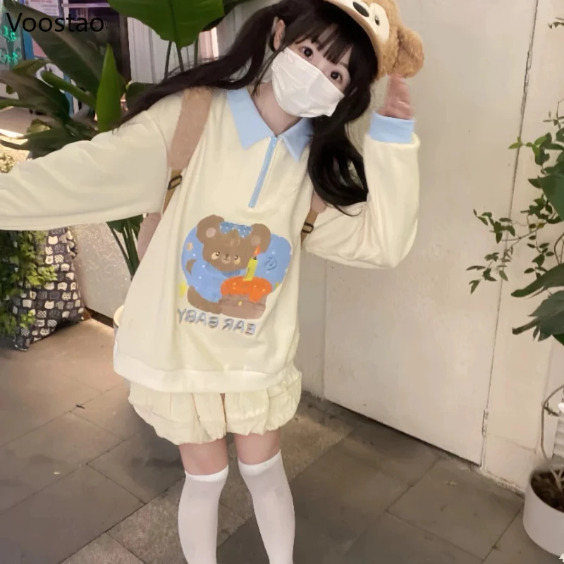 Japanese Cute Cartoon Lolita Style Hoodies Women Preppy Style Kawaii Bear Embroidery Zipper Pullovers Y2K Aesthetic Sweatshirts