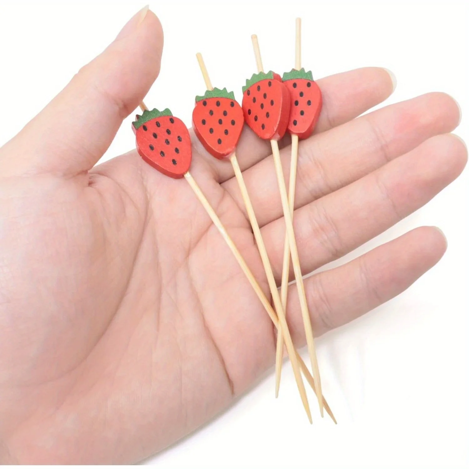 50pcs Strawberry Bamboo Toothpicks - Fruit Cocktail Sticks for Appetizers, Drinks, Sandwich Skewers, Party Decorations