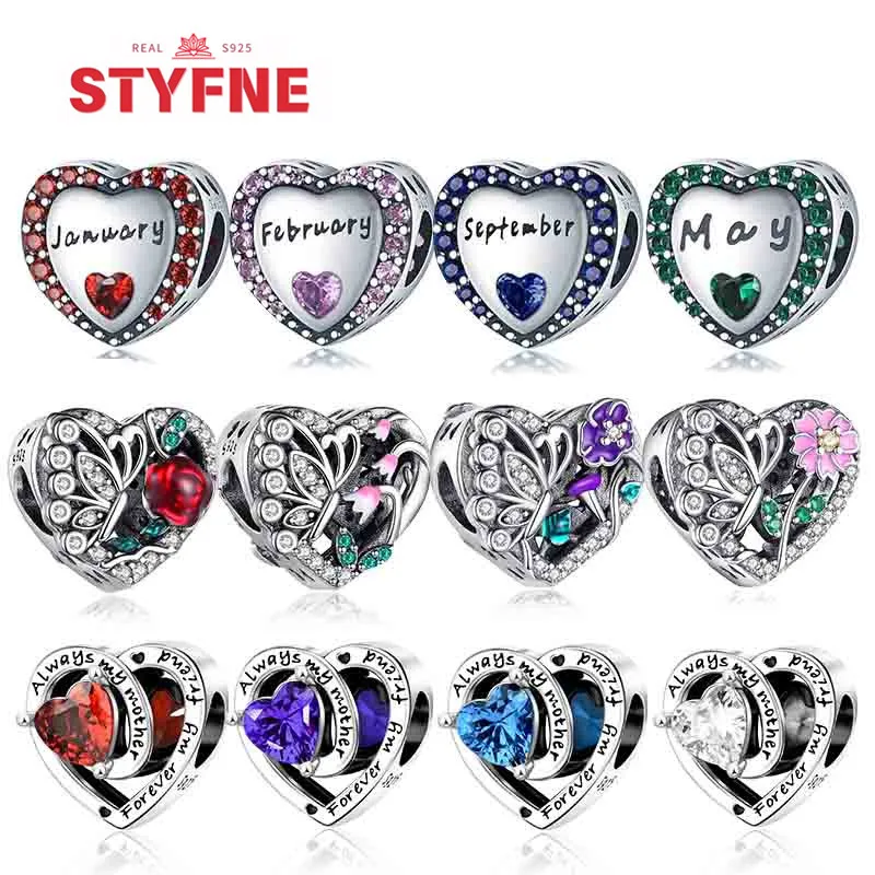 Sterling Silver 925 Love Month Birthstone Heart Shaped Series Beads Fit Original Bracelet Charm for Women Diy Jewelry Gifts