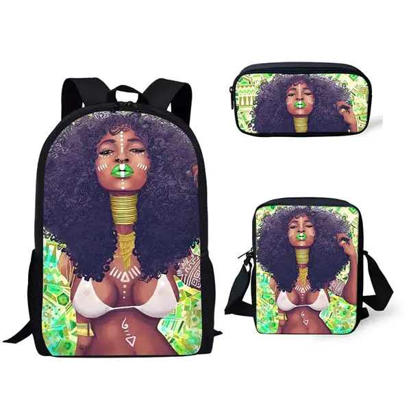 Kartun keren gadis Afrika 3 Pcs/Set ransel cetak 3D tas sekolah kampus siswa Anime Laptop tas makan siang tas pensil