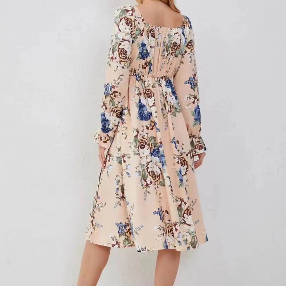 

Women Workwear Dress Floral Print Square Neck Midi Dress with Puff Sleeves Pleated Back Women's Spring Commute Dress with Split