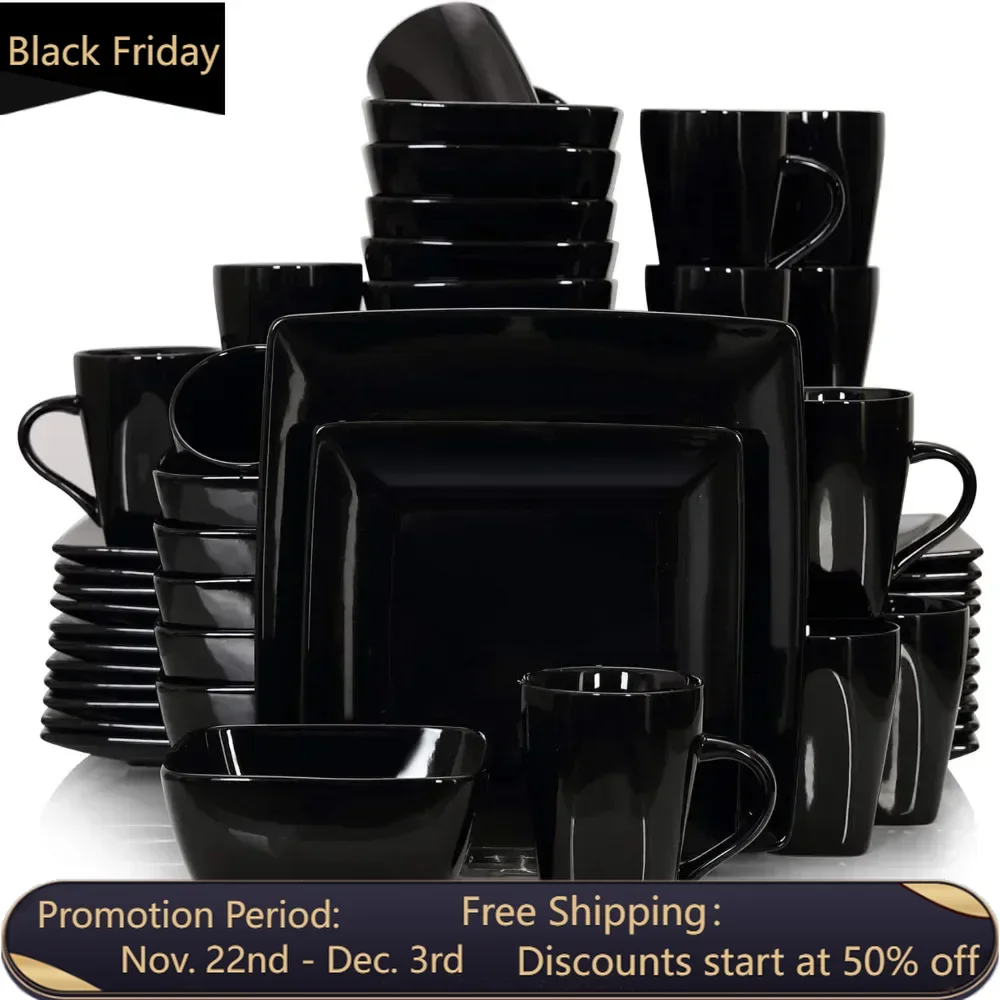 Square Cutlery Set with Black 48 Piece Set, Equipped with 16 Set Plates, Dessert Plates, Bowls, and Mugs