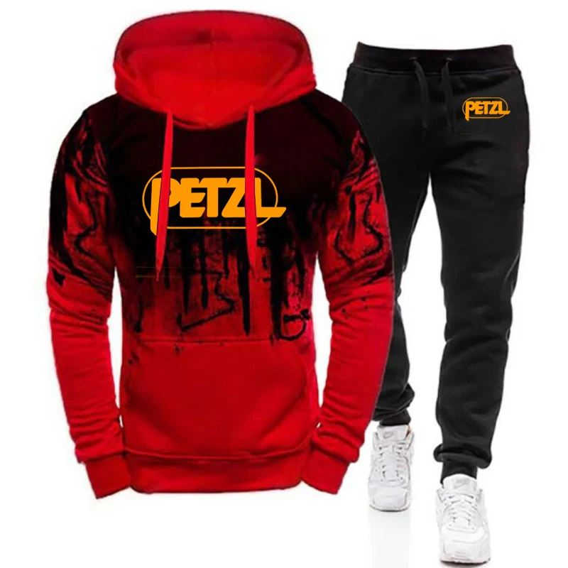 

2025 Spring And Autumn Man's PETZL Life Wall Climbing Logo Print Drawstring Gradient Color Pullover Hoodies+Long Pants Suits