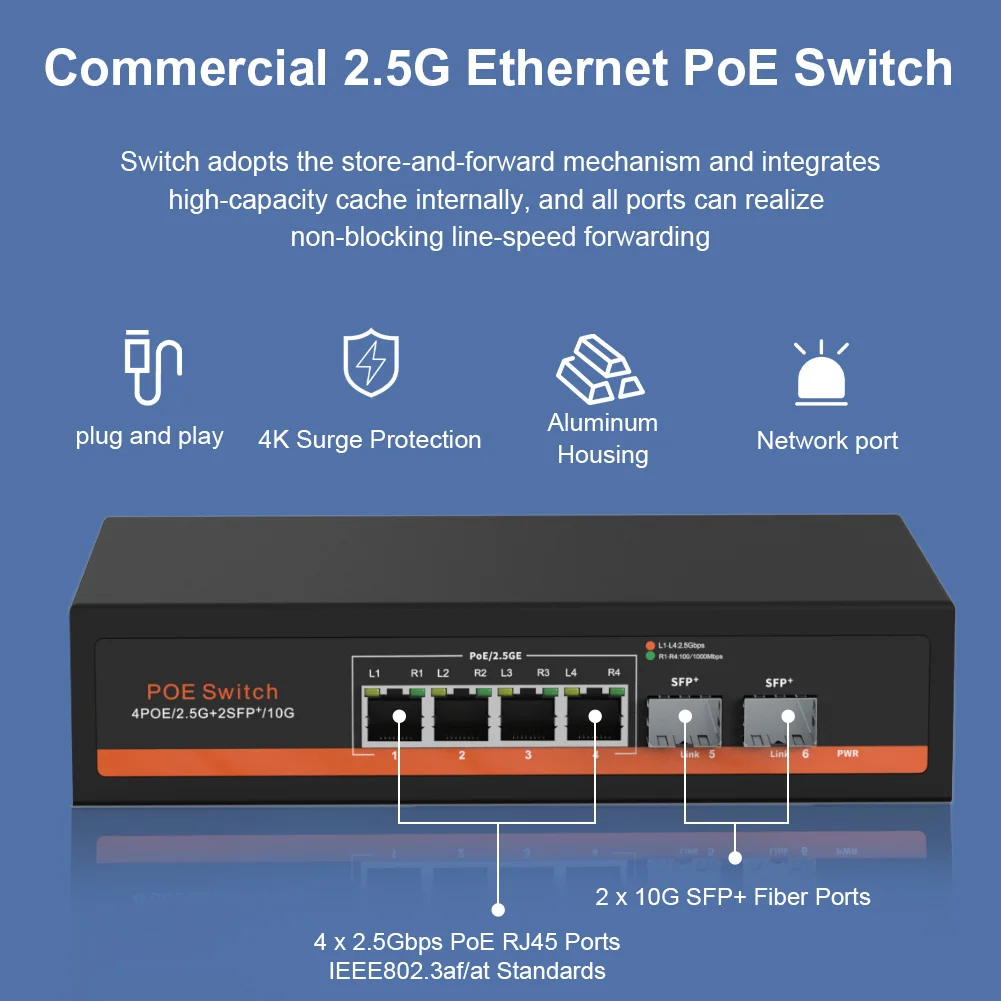 مفتاح إيثرنت تجاري مع بو اختياري ، 4 منافذ ، 4 جيجابايت في الثانية ، RJ45 + 2x10G ، ألياف SFP ،