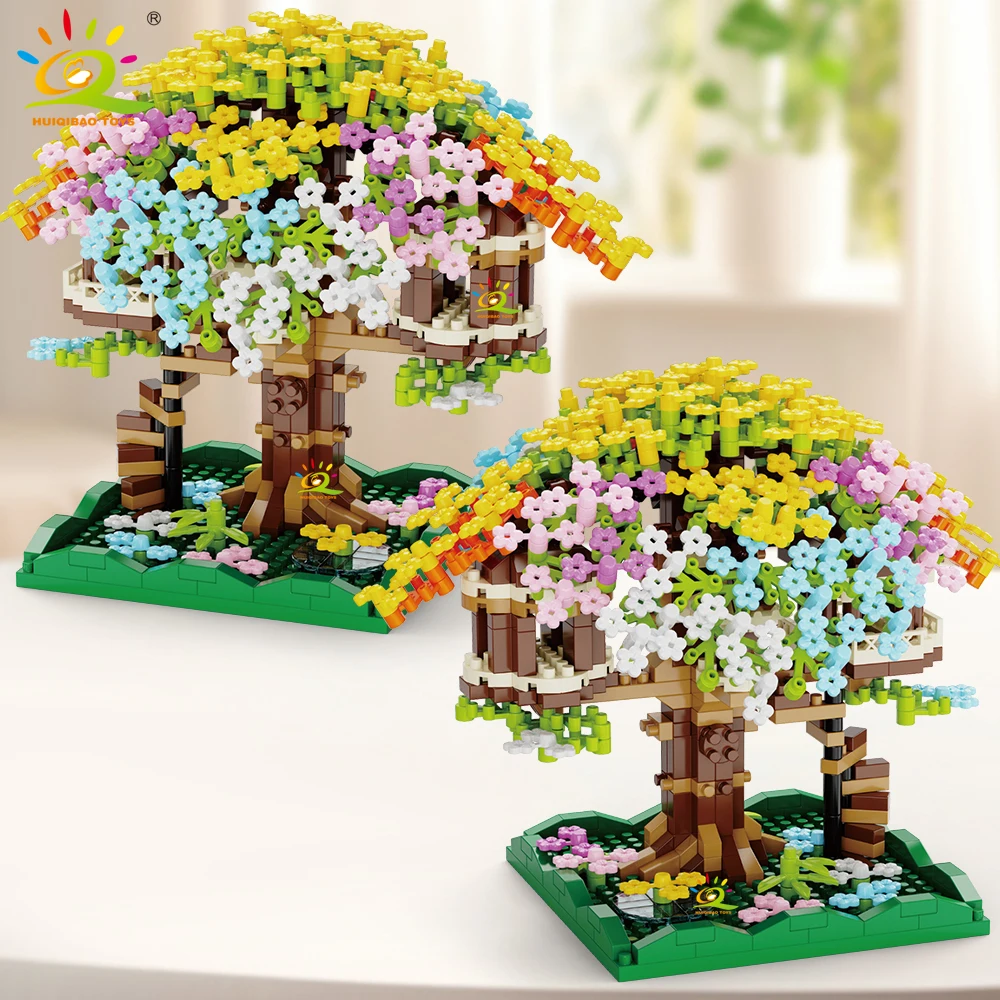 

HUIQIBAO Mini City Colorful Cherry Blossom Tree House Micro Model Building Blocks Street View Diamond Bricks Toys for Adult Gift