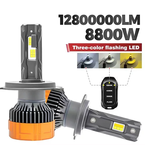 Imagen 1 del producto Faros LED H7 de 8800W con Control Remoto de Tres Colores (6500K, 4300K, 3000K) para Automóviles, Compatibles con H1, H4, H11, 9005, 9006, 9012