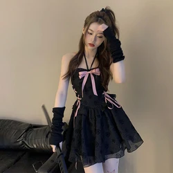 Lolita Black Dresses Goth Puff Sleeve High Waist Vintage Bandage Lace Trim Party Gothic Clothes Y2K Summer Dress Woman 2023 New