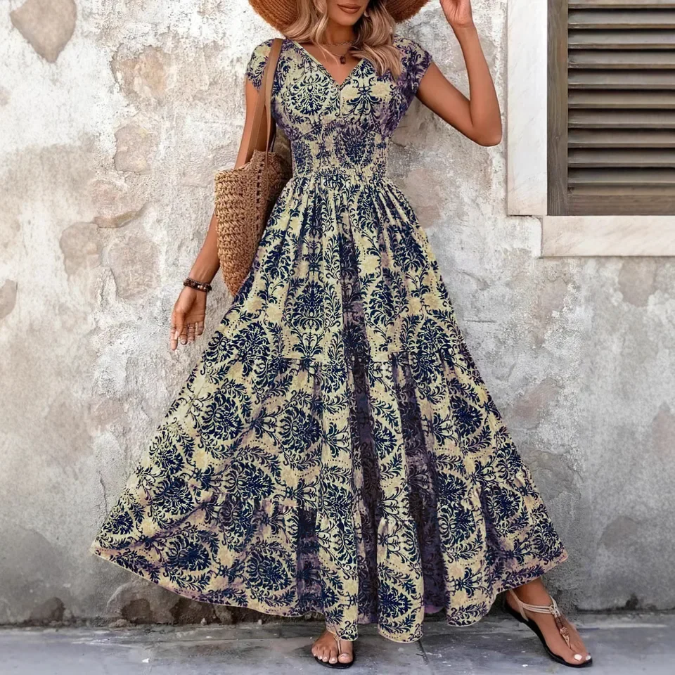 

Women's Bohemian Printed Long Dress Summer Fashion Elegant V-neck Short Sleeves Sleeve A-line Long Oversized Ruffled Dresses
