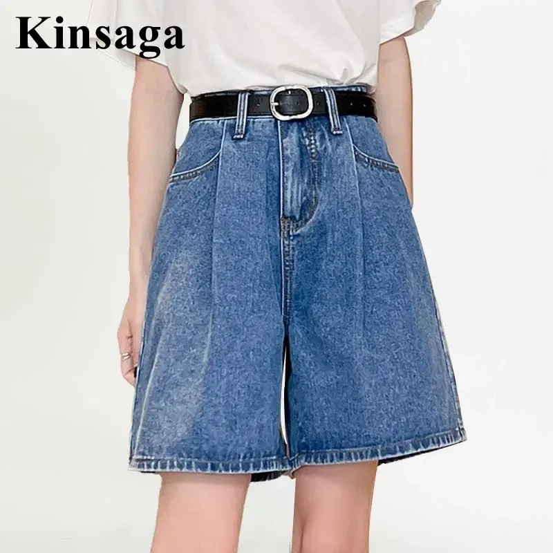 Women Street Ruched Pockets Loose Wide Leg Short Jeans 4XL Summer Baggy Y2K Kawaii High Waisted Denim Shorts Jean Bermudas Pants