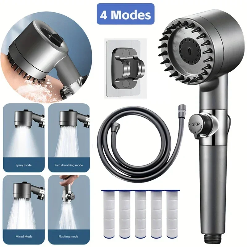 

4 Modes Shower Head High Pressure Showerhead One-Key Stop Water Massage Shower Head With Filter Element Bathroom Accessories