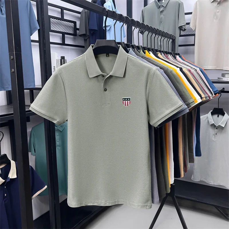 Men's Summer Luxury 100% Cotton Polo Shirt, Lapel Print Short Sleeve T-shirt, Breathable Business Casual Menswear