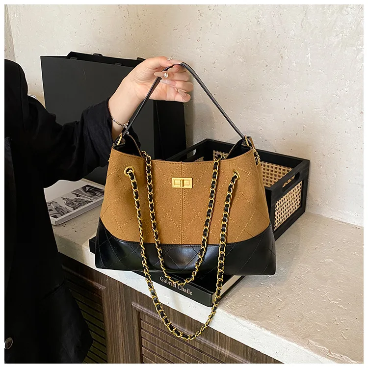 

2025 Designer Bucket Bag Women's Chain-Trimmed Fragrance Purse Suede Stitched Tote Contrast Texture Luxury Shoulder Bag