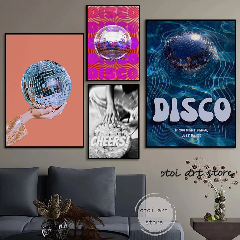 Vintage Funky 70s Inspired Disco Ball Disco Dance Psychedelic Retro Art Posters Canvas Painting Wall Prints Pictures Home Decor