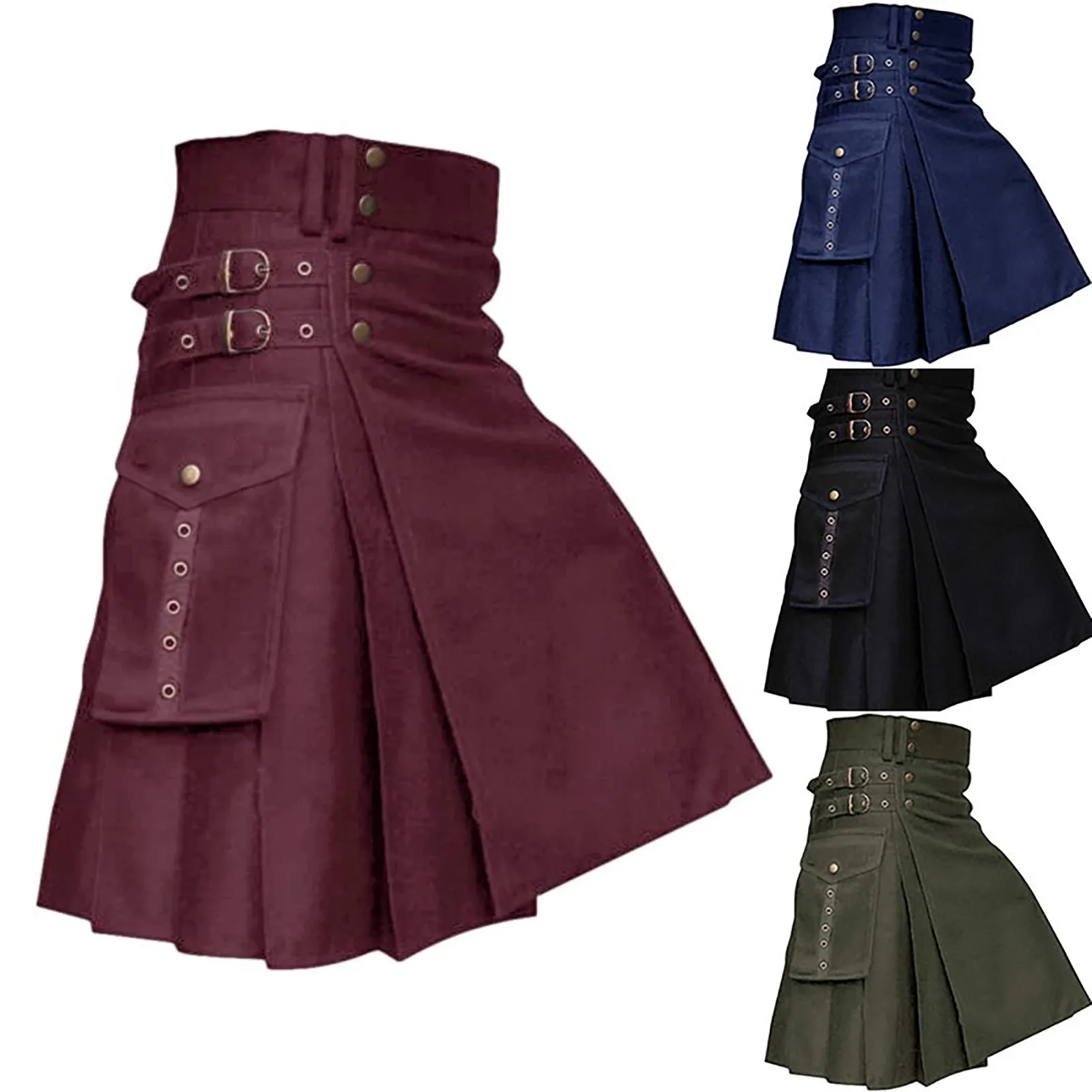 Men Solid Skirt Vintage Kilt Scotland Gothic Punk Fashion Kendo Pocket Skirts Scottish Clothes Casual Autumn Men Streetwear New