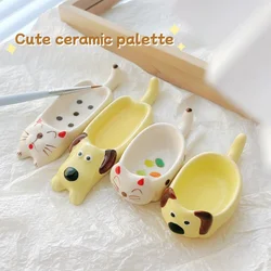 Creative Ceramic Watercolor Palette Cute Cat/Dog Paint Tray Pen Holder Easy To Clean Portable Painting Art Supplies