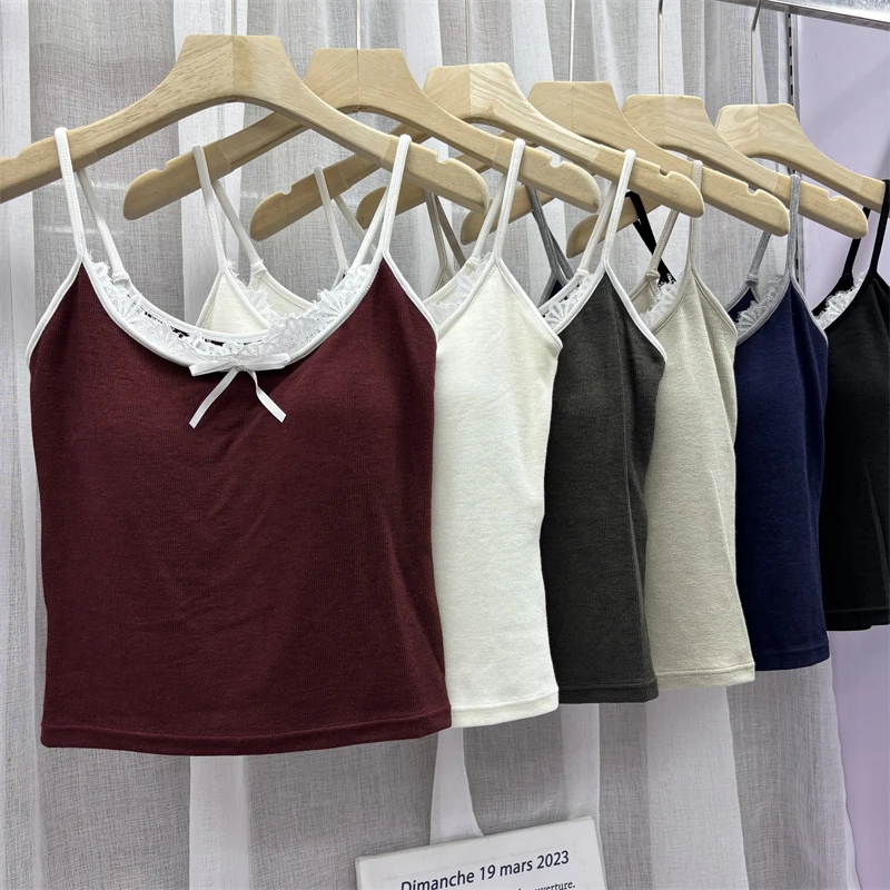 

Tagkita Women's Lace Crop Top Knot Bal Vest Inner Wear Pad Included Outer Wear Commute Sle Slim Fit mid Length