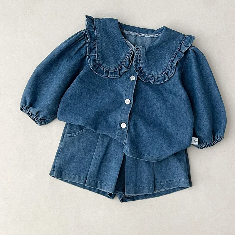 

Spring Autumn Baby Girls Blue Denim Suits Kids Fashion Top + Shorts 2Pcs Children's Clothing Sets Girls' Lapel Shirt Coat