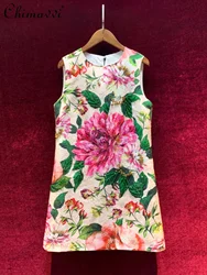 Fashion Printed A- Line Dress for Women High-End Elegant Heavy Beaded Light Luxury Slim-fit Floral Dresses 2024 Summer New