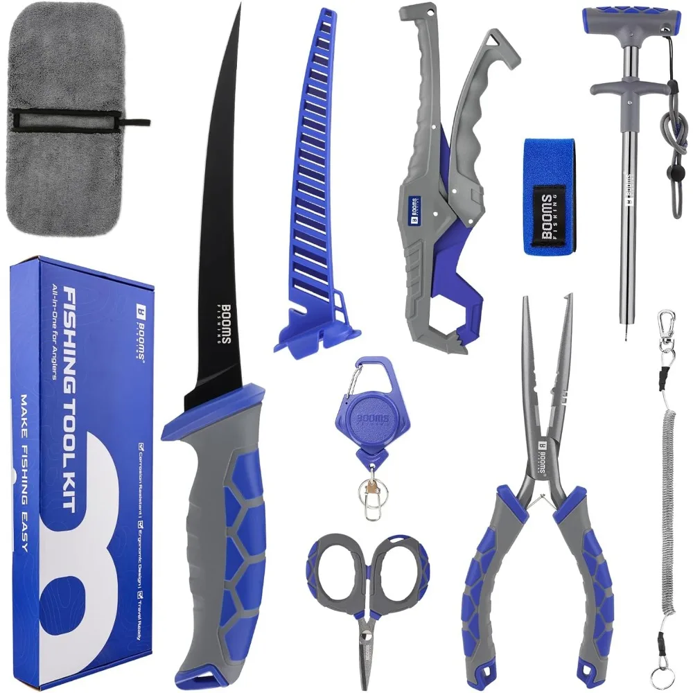 

9 Piece Saltwater Fishing Tool Set with Fillet Knife Pliers Gripper Dehooker Scissors Retractor Strap Lanyard Gift for Men