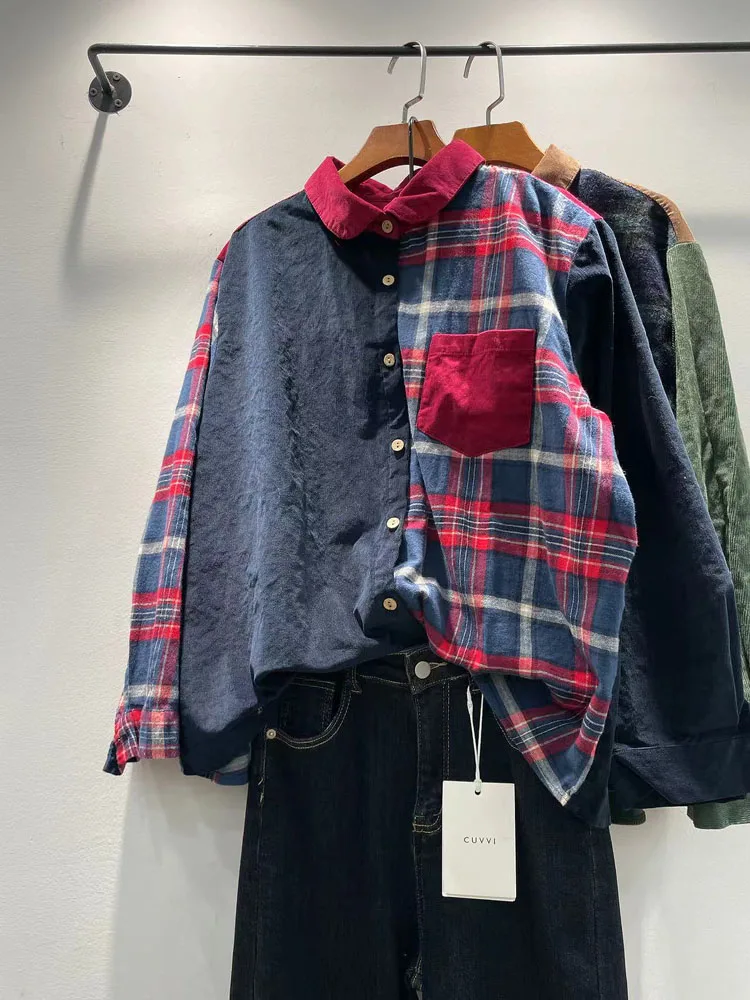 

Весна 2024, женская повседневная свободная клетчатая блузка Long Sve, корейский лоскутный моющийся топ, удобная женская блузка