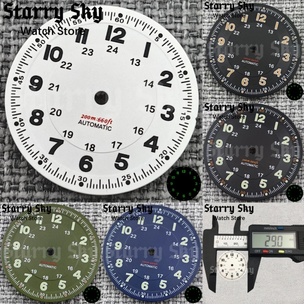 

Звездное небо 29 мм пилотный стиль циферблат с арабскими цифрами и зеленым светом подходит для NH35/ETA PT5000 аксессуар для часов с механизмом