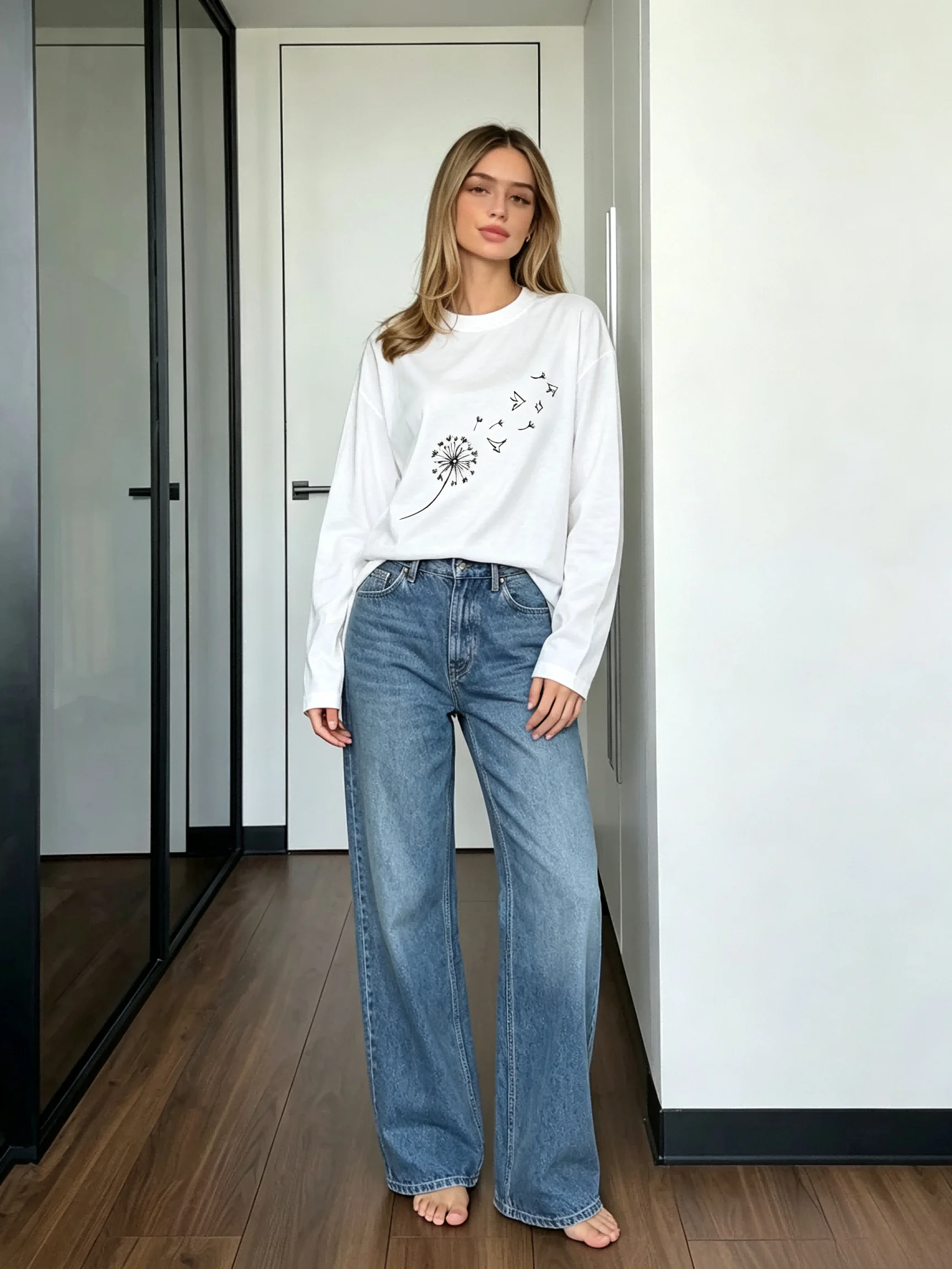 2026 Spring and Autumn New Women's Round Neck Long Sleeve Dandelion Thread Pattern Loose T-shirt Suitable for Daily Wearing