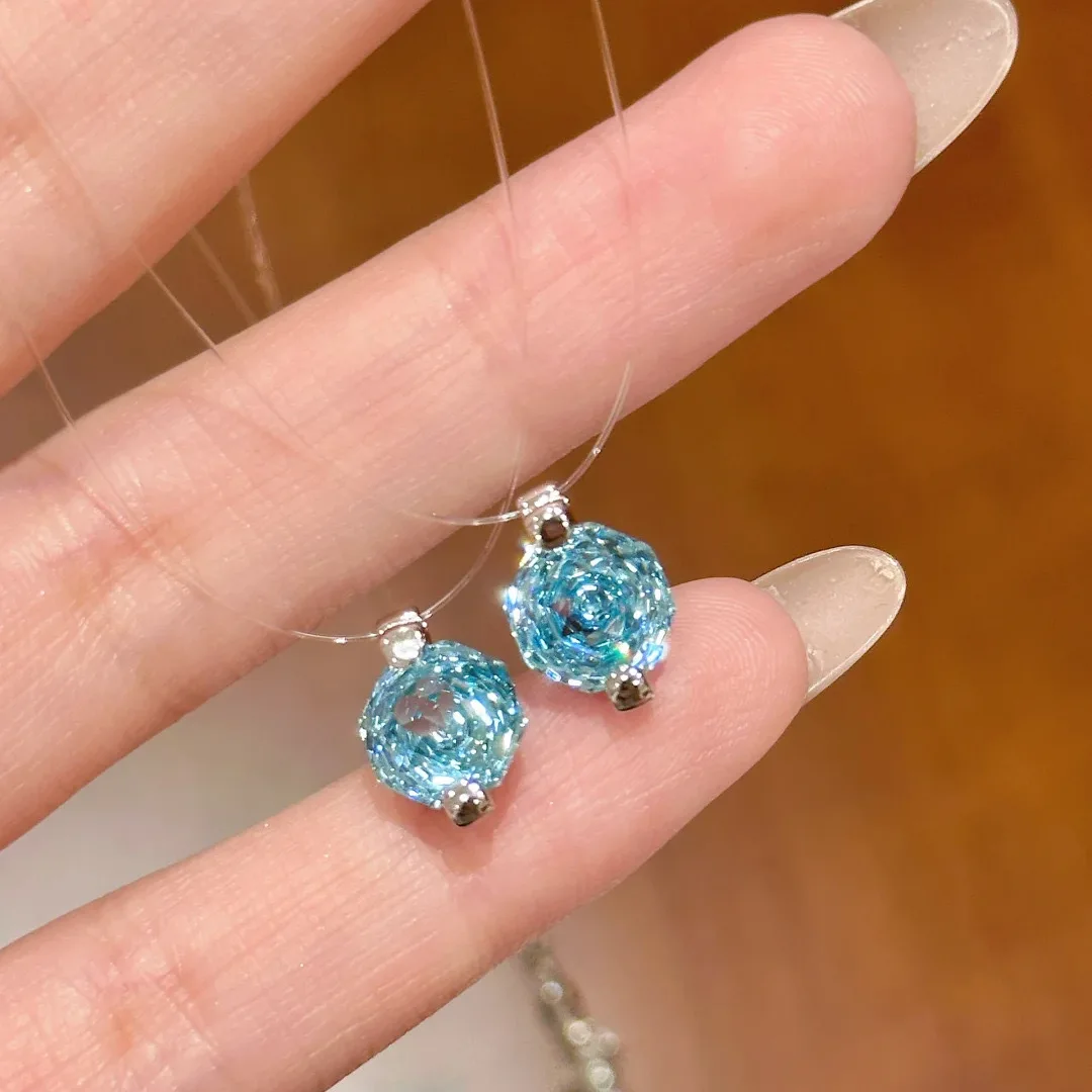 2CT Octagonal Rose Cut Natural Blue Topaz Pendant Necklace Women 925 Sterling Silver Transparent Fishing Line Choker Jewelry