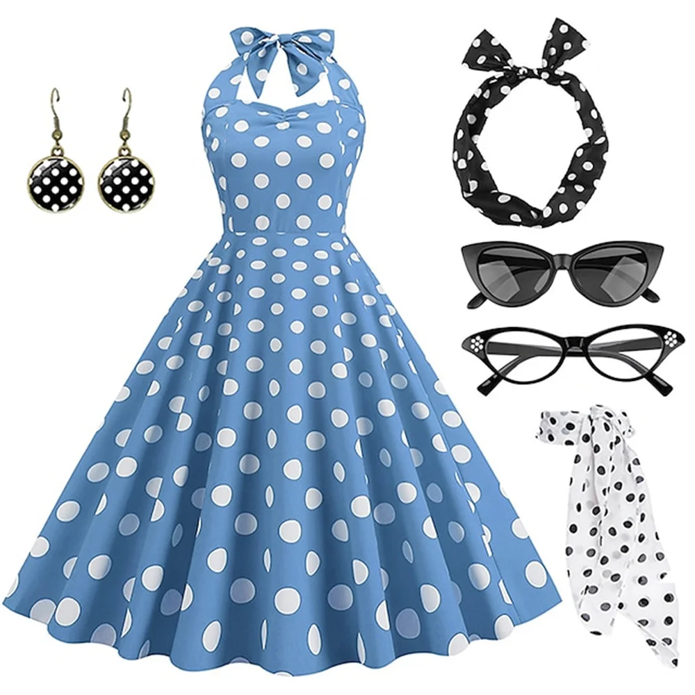 Imagem -04 - Vestido Rockabilly Feminino com Conjunto de Acessórios Bolinhas Flare Brincos Colar Bandana Óculos Luvas